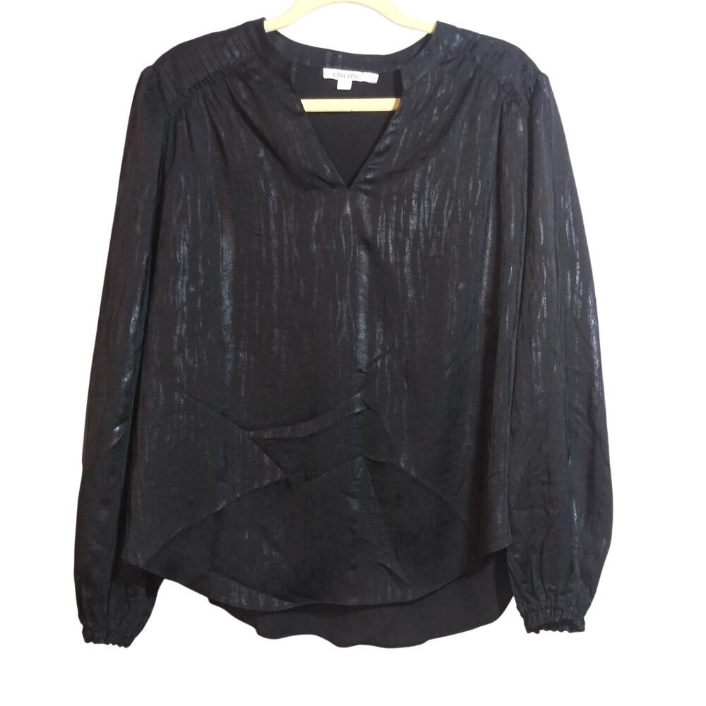 Chico's Black Shimmery Pintuck Blouse Lightweight Feminine Size 8